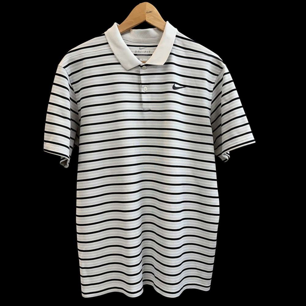 Nike Dri Fit Golf Polo White Black Striped Short Sleeve Shirt Men‎ L #311